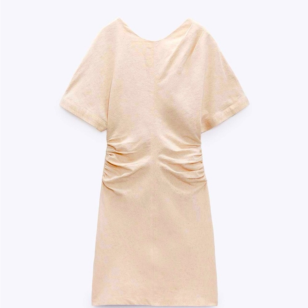 Zara Draped Short  Sleeves Linen Blend Mini Dress